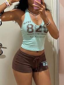 Fiercella Fiercella 女款春夏兩件套 黃色細肩帶背心與藍色短褲 HypeZone-D 性感細肩帶背心 前面字母印花裝飾 修身顯身材 適合運動休閒度假娛樂 - 薄荷藍 - 查看 7