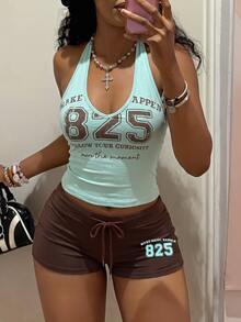 Fiercella Fiercella 女款春夏兩件套 黃色細肩帶背心與藍色短褲 HypeZone-D 性感細肩帶背心 前面字母印花裝飾 修身顯身材 適合運動休閒度假娛樂 - 薄荷藍 - 查看 6