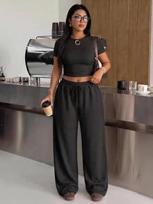 Muchica Women's Plus Size Short Sleeve Round Neck Solid Color T-Shirt And Drawstring Tie Waist Pants 2pcs Set Formal Black Summer Casual - Black - View 1