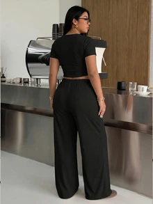 Muchica Women's Plus Size Short Sleeve Round Neck Solid Color T-Shirt And Drawstring Tie Waist Pants 2pcs Set Formal Black Summer Casual - Black - View 3