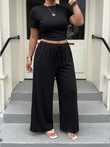 Muchica Women's Plus Size Short Sleeve Round Neck Solid Color T-Shirt And Drawstring Tie Waist Pants 2pcs Set Formal Black Summer Casual - Black - View 5