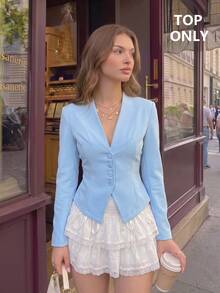 SHEIN MOD Blue Deep V-Neck Blazer With Cinched Waist Back - Blue - View 7