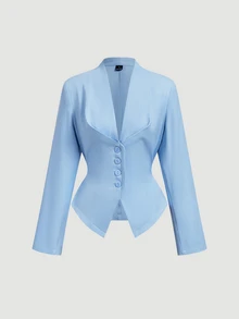 SHEIN MOD Blue Deep V-Neck Blazer With Cinched Waist Back - Blue - View 9
