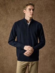 Manfinity CasualKnits 男士半拉鍊純色長袖休閒毛衣，Ins風，華麗派對，街頭成熟，寬鬆版型黑色秋季毛衣，正式，老錢風 - 藏蓝色 - 查看 4