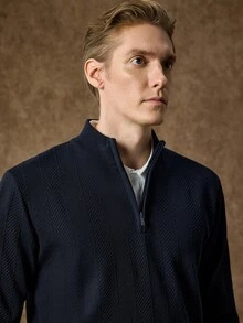 Manfinity CasualKnits 男士半拉鍊純色長袖休閒毛衣，Ins風，華麗派對，街頭成熟，寬鬆版型黑色秋季毛衣，正式，老錢風 - 藏蓝色 - 查看 9