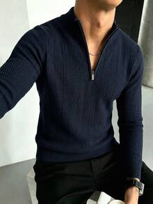 Manfinity CasualKnits 男士半拉鍊純色長袖休閒毛衣，Ins風，華麗派對，街頭成熟，寬鬆版型黑色秋季毛衣，正式，老錢風 - 藏蓝色 - 查看 1