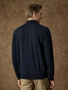 Manfinity CasualKnits 男士半拉鍊純色長袖休閒毛衣，Ins風，華麗派對，街頭成熟，寬鬆版型黑色秋季毛衣，正式，老錢風 - 藏蓝色 - 查看 8