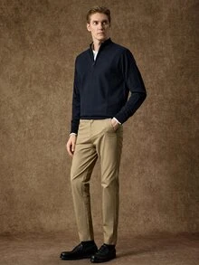 Manfinity CasualKnits 男士半拉鍊純色長袖休閒毛衣，Ins風，華麗派對，街頭成熟，寬鬆版型黑色秋季毛衣，正式，老錢風 - 藏蓝色 - 查看 5