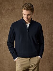 Manfinity CasualKnits 男士半拉鍊純色長袖休閒毛衣，Ins風，華麗派對，街頭成熟，寬鬆版型黑色秋季毛衣，正式，老錢風 - 藏蓝色 - 查看 6