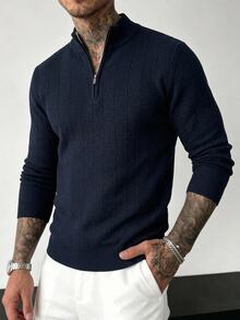 Manfinity CasualKnits 男士半拉鍊純色長袖休閒毛衣，Ins風，華麗派對，街頭成熟，寬鬆版型黑色秋季毛衣，正式，老錢風 - 藏蓝色 - 查看 2