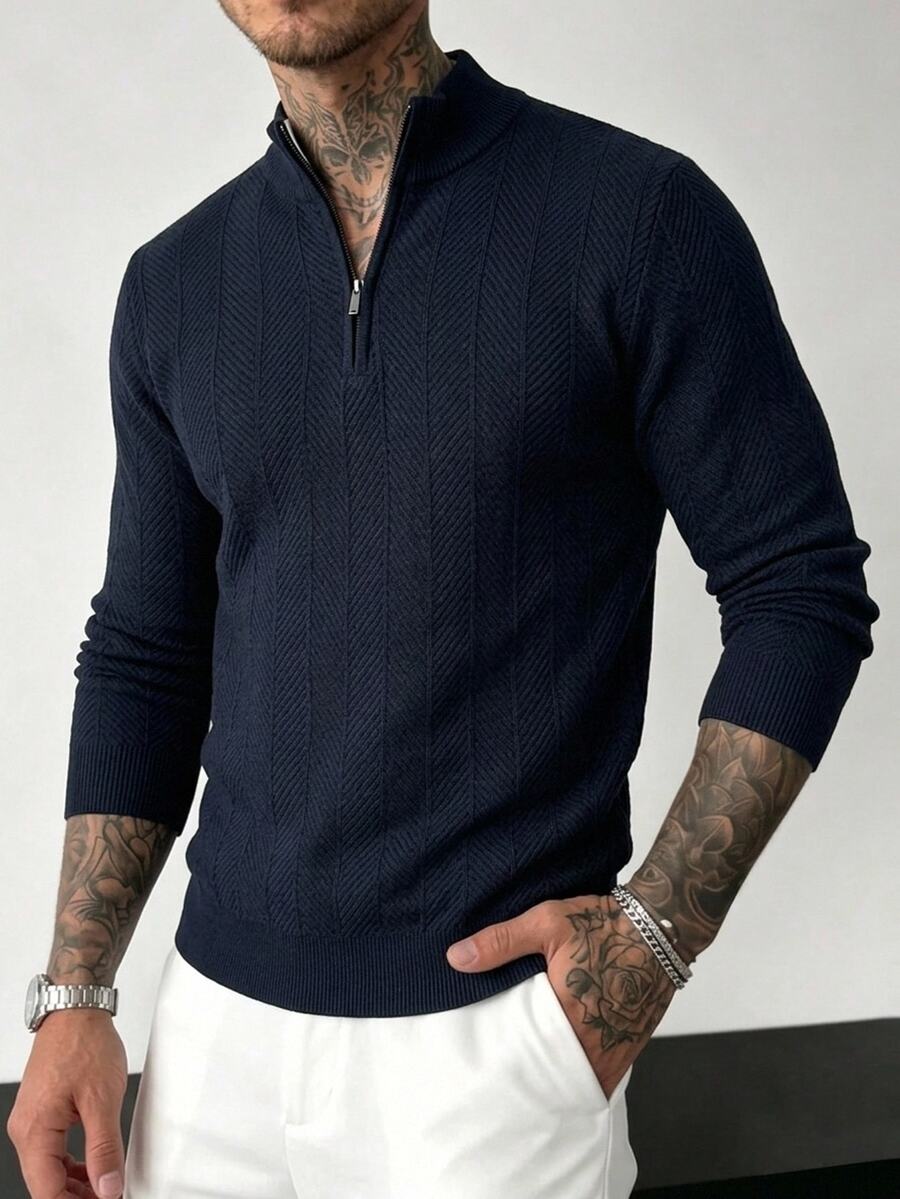 Manfinity Homme 男士半拉鍊純色長袖休閒毛衣，Ins風，華麗派對，街頭成熟，寬鬆版型黑色秋季毛衣，正式，老錢風 - 藏蓝色 - 查看 1