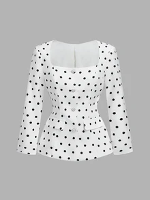 SHEIN MOD Polka Dot Square Neck Cinched Waist Blazer Suit Set - Black and White - View 12