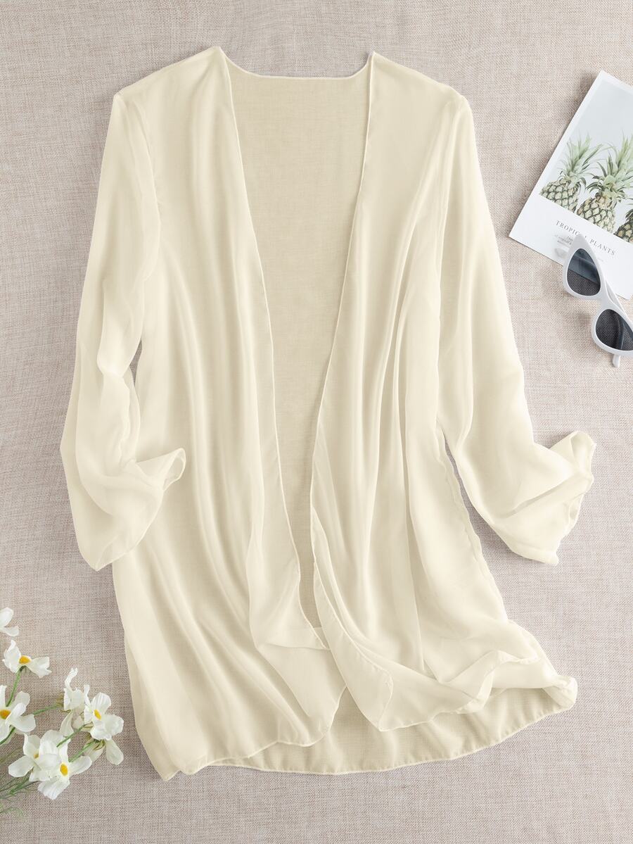 SHEIN Swim Women's Plain Color Simple Fashionable Casual Kimono Cover Up, Suitable For Daily Wear Summer - Apricot - View 1