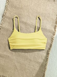 SHEIN Swim 女款淡黃色細肩帶比基尼上衣，適合夏季海灘度假，保守素色設計 - 黃色 - 查看 7