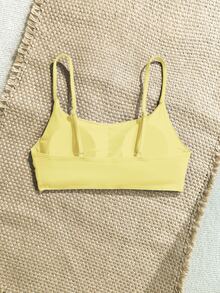 SHEIN Swim 女款淡黃色細肩帶比基尼上衣，適合夏季海灘度假，保守素色設計 - 黃色 - 查看 3