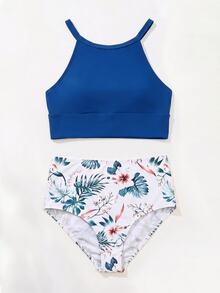 SHEIN Swim Women's Beach Cropped Tank Top And Tropical Plant Print Triangle Tankini Bottom Tankini Swimsuit Set - Blue - View 5