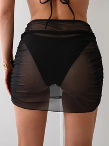 SHEIN Swim Women Mini Sheer Beach Skirt Cover-Up Skirt For Summer Holiday,Summer Beach - Black - View 2