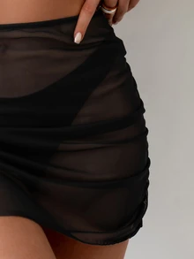 SHEIN Swim Women Mini Sheer Beach Skirt Cover-Up Skirt For Summer Holiday,Summer Beach - Black - View 5