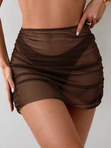SHEIN Swim Women's Coffee Brown Mesh Beach Cover Up Mini Skirt Set Holiday Summer Sexy - Brown - View 1