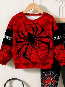 SHEIN 2pcs/Set Young Boys Casual Stylish Spider & English Letter Cute Cartoon Tie-Dye Y2K Warm Sweatshirt Set, Suitable For Summer - Multicolor - View 6