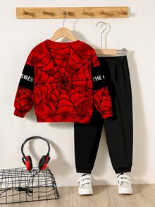SHEIN 2pcs/Set Young Boys Casual Stylish Spider & English Letter Cute Cartoon Tie-Dye Y2K Warm Sweatshirt Set, Suitable For Summer - Multicolor - View 2