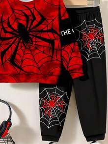 SHEIN 2pcs/Set Young Boys Casual Stylish Spider & English Letter Cute Cartoon Tie-Dye Y2K Warm Sweatshirt Set, Suitable For Summer - Multicolor - View 5
