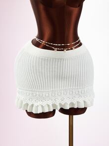 Mistrie Women's High Waist Knitted Mini Skirt Solid Color Lace Hem Ruffled Short Skirt Casual Sweet Streetwear For Daily Home Holiday Party - Apricot - View 6