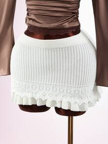 Mistrie Women's High Waist Knitted Mini Skirt Solid Color Lace Hem Ruffled Short Skirt Casual Sweet Streetwear For Daily Home Holiday Party - Apricot - View 1