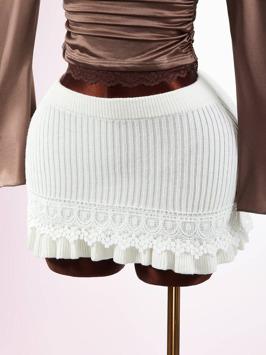 Mistrie Women's High Waist Knitted Mini Skirt Solid Color Lace Hem Ruffled Short Skirt Casual Sweet Streetwear For Daily Home Holiday Party - Apricot - View 1