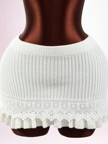 Mistrie Women's High Waist Knitted Mini Skirt Solid Color Lace Hem Ruffled Short Skirt Casual Sweet Streetwear For Daily Home Holiday Party - Apricot - View 10