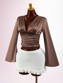 Mistrie Women's High Waist Knitted Mini Skirt Solid Color Lace Hem Ruffled Short Skirt Casual Sweet Streetwear For Daily Home Holiday Party - Apricot - View 2