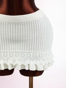 Mistrie Women's High Waist Knitted Mini Skirt Solid Color Lace Hem Ruffled Short Skirt Casual Sweet Streetwear For Daily Home Holiday Party - Apricot - View 4