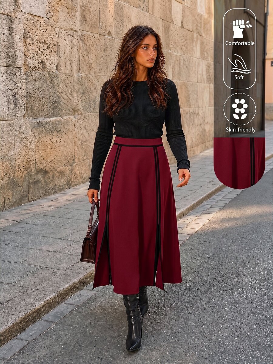 GlowEve CURVE Plus Size Women's Colorblock Minimalist Fashion Loose A-Line Skirt, Versatile For Commuting And Daily Wear Fall - Burgundy - View 1