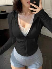 DAZY Women's Slim Fit Hooded Sporty Cardigan T-Shirt, Summer New Arrival Going Out Tops - Black - View 7