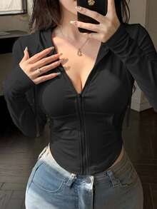 DAZY Women's Slim Fit Hooded Sporty Cardigan T-Shirt, Summer New Arrival Going Out Tops - Black - View 4