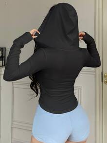 DAZY Women's Slim Fit Hooded Sporty Cardigan T-Shirt, Summer New Arrival Going Out Tops - Black - View 5