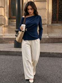 Elenzga Fashionable Elegant Asymmetrical Shoulder Textured Waist-Cinching Long Sleeve T-Shirt For Women - Navy Blue - View 4