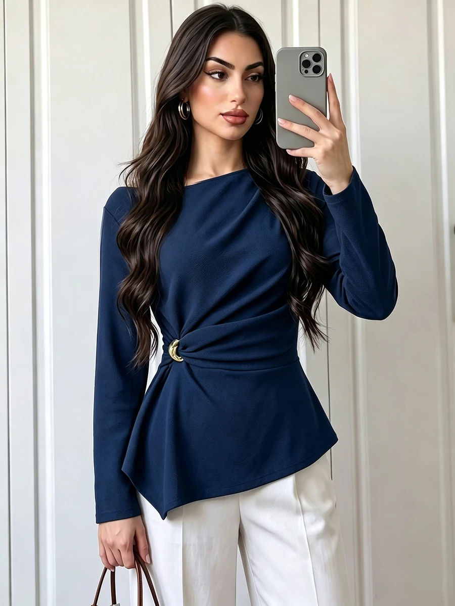 Elenzga Fashionable Elegant Asymmetrical Shoulder Textured Waist-Cinching Long Sleeve T-Shirt For Women - Navy Blue - View 1