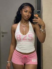 Fiercella Fiercella 女款春夏兩件套 粉色與白色背心短褲 HypeZone-D 細肩帶吊帶背心 前面字母印花 性感 Y2K 修身健身服 - 白色 - 查看 4