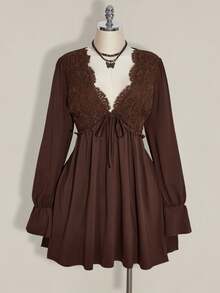 SHEIN ICON 大码休闲纯色蕾丝拼接迷你连衣裙，秋季女装 - 棕色 - 查看 5