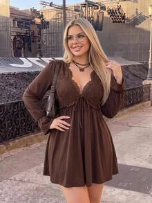 SHEIN ICON 大码休闲纯色蕾丝拼接迷你连衣裙，秋季女装 - 棕色 - 查看 1