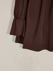 SHEIN ICON 大码休闲纯色蕾丝拼接迷你连衣裙，秋季女装 - 棕色 - 查看 10