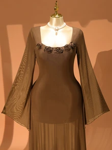 Rometta Plus Size Women's Autumn/Winter Brown Elegant Long Dress With 3D Floral Decor, Suitable For Outings, Dates, Parties And Afternoon Tea - Brown - View 7
