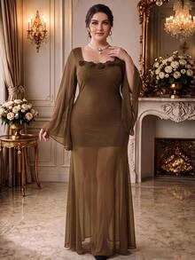 Rometta Plus Size Women's Autumn/Winter Brown Elegant Long Dress With 3D Floral Decor, Suitable For Outings, Dates, Parties And Afternoon Tea - Brown - View 6
