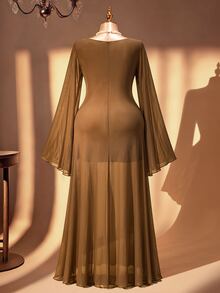 Rometta Plus Size Women's Autumn/Winter Brown Elegant Long Dress With 3D Floral Decor, Suitable For Outings, Dates, Parties And Afternoon Tea - Brown - View 8