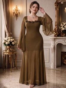Rometta Plus Size Women's Autumn/Winter Brown Elegant Long Dress With 3D Floral Decor, Suitable For Outings, Dates, Parties And Afternoon Tea - Brown - View 1