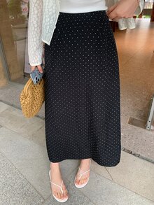 Dazy Plus 女款大碼黑色長版 A 字裙，滿版圓點、休閒維多利亞復古 1950 年代韓風，秋季百搭，適合早午餐與生日場合 - 黑色 - 查看 2