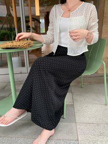 Dazy Plus 女款大碼黑色長版 A 字裙，滿版圓點、休閒維多利亞復古 1950 年代韓風，秋季百搭，適合早午餐與生日場合 - 黑色 - 查看 7