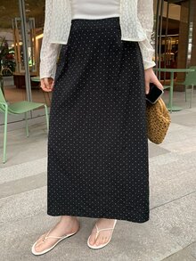 Dazy Plus 女款大碼黑色長版 A 字裙，滿版圓點、休閒維多利亞復古 1950 年代韓風，秋季百搭，適合早午餐與生日場合 - 黑色 - 查看 4