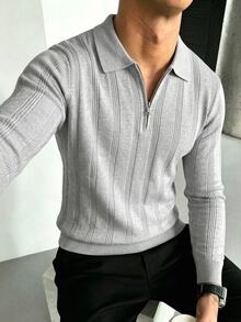 Manfinity CasualKnits 男士 Polo 領長袖套頭毛衣，學院風休閒秋季上衣，適合日常穿著、休閒、度假，V 領拼色設計 - 淺灰色 - 查看 2